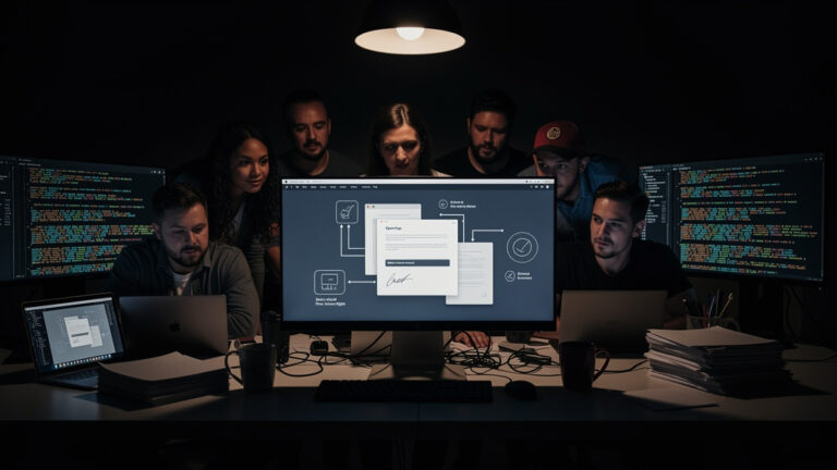 Featured image for OpenSign: The Free Open Source Alternative to DocuSign That Actually Works. Style: dark_moody.