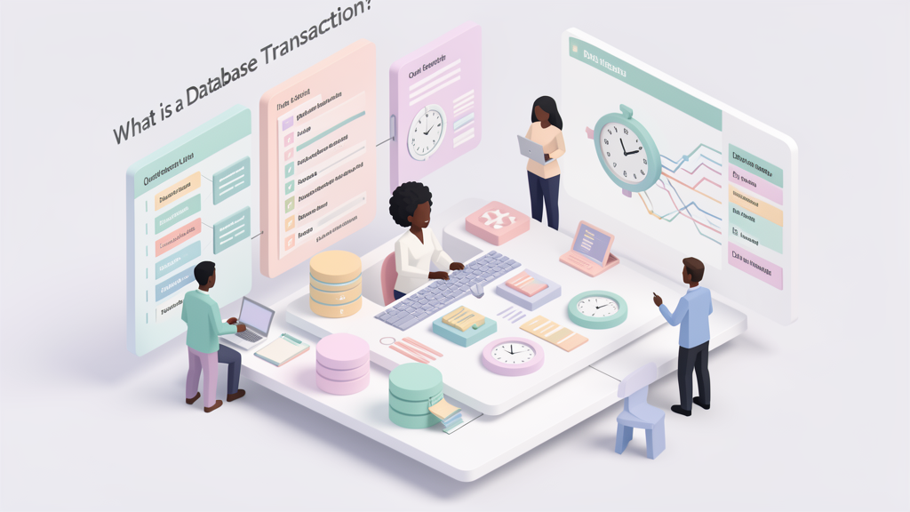 Featured image for What is a Database Transaction?. Style: isometric.