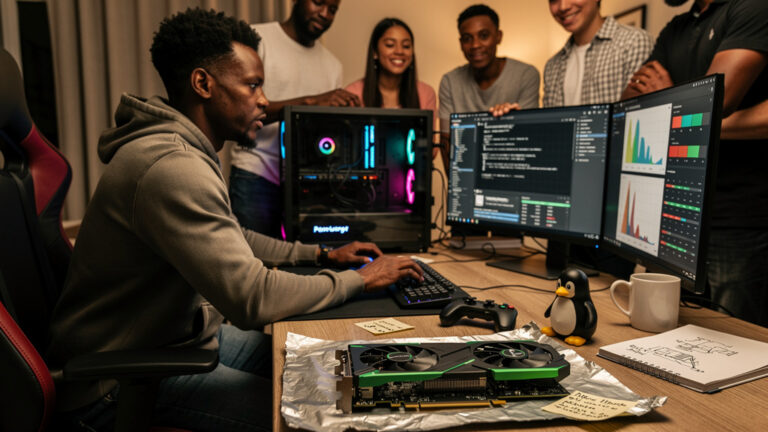 Featured image for NVIDIA Finally Fixed Linux Gaming. Here Is What 595.84 Actually Changes. Style: concrete_people_editorial_general_article_workflow.