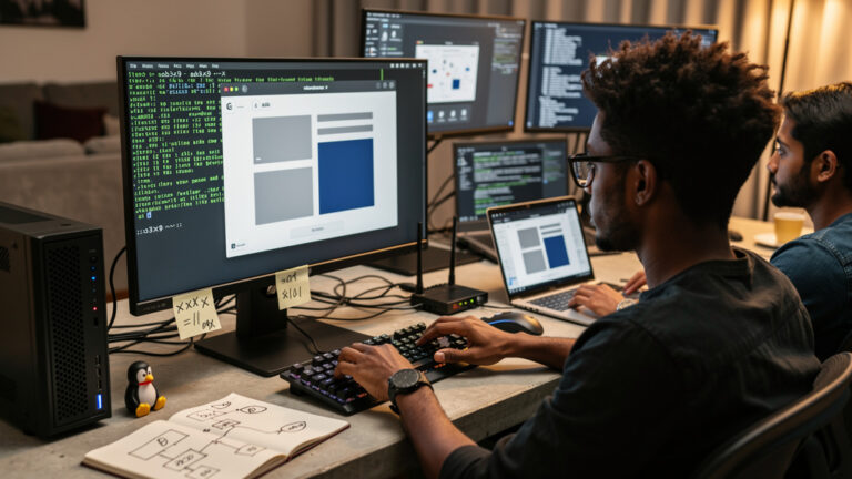 Featured image for How to Host A Website for Free at Your Home Linux System. Style: concrete_people_editorial_general_article_workflow.