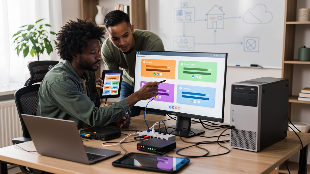 Featured image for pick an ai coding assistant by the work you actually do. Style: topic-grounded-v5-people-first-logo-safe_featured_distributed_local_ai_cluster.