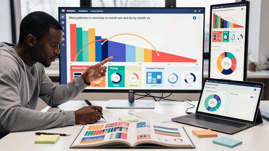 Featured image for Most publishers monetize in month one and die by month six. Style: topic-grounded-v5-people-first-logo-safe_featured_general_article_workflow.