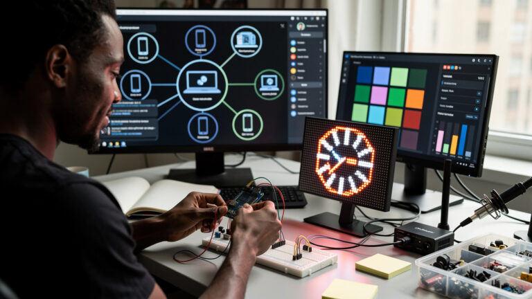 Featured image for An ESP32 retro pixel clock that earns its parts list. Style: topic-grounded-v5-people-first-logo-safe_featured_general_article_workflow.